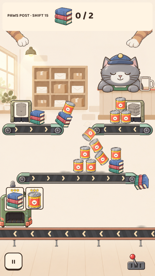 Books and cans tumble across conveyor belts toward two delivery orders